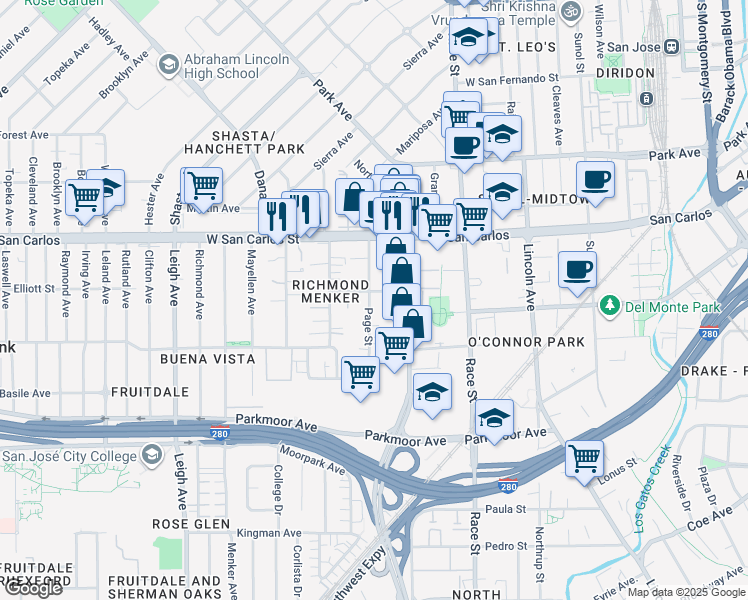 map of restaurants, bars, coffee shops, grocery stores, and more near 1452 Douglas Street in San Jose