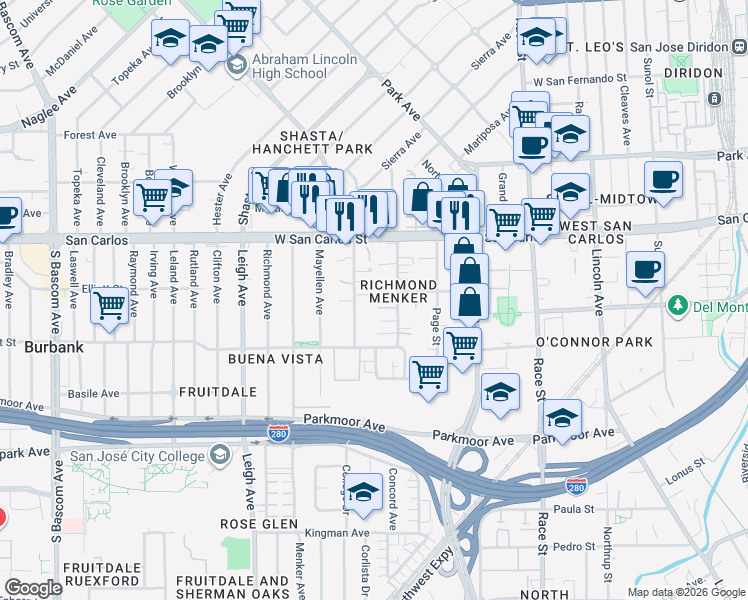 map of restaurants, bars, coffee shops, grocery stores, and more near 402 South Buena Vista Avenue in San Jose