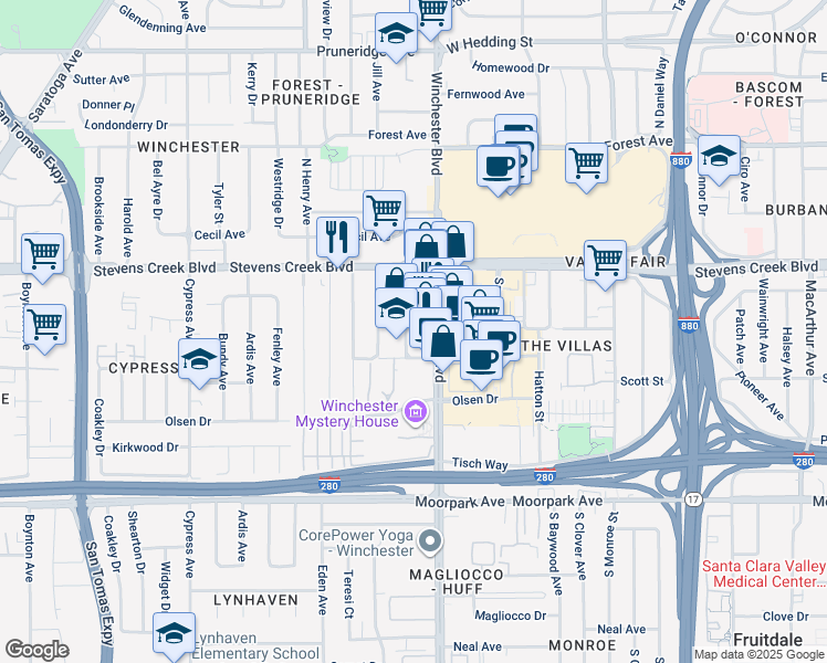 map of restaurants, bars, coffee shops, grocery stores, and more near 359 Spar Avenue in San Jose