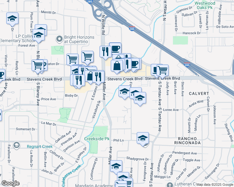 map of restaurants, bars, coffee shops, grocery stores, and more near 19460 Richwood Court in Cupertino