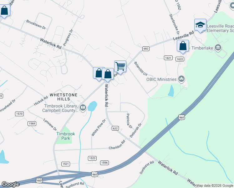 map of restaurants, bars, coffee shops, grocery stores, and more near 160 County Road 1579 in Lynchburg