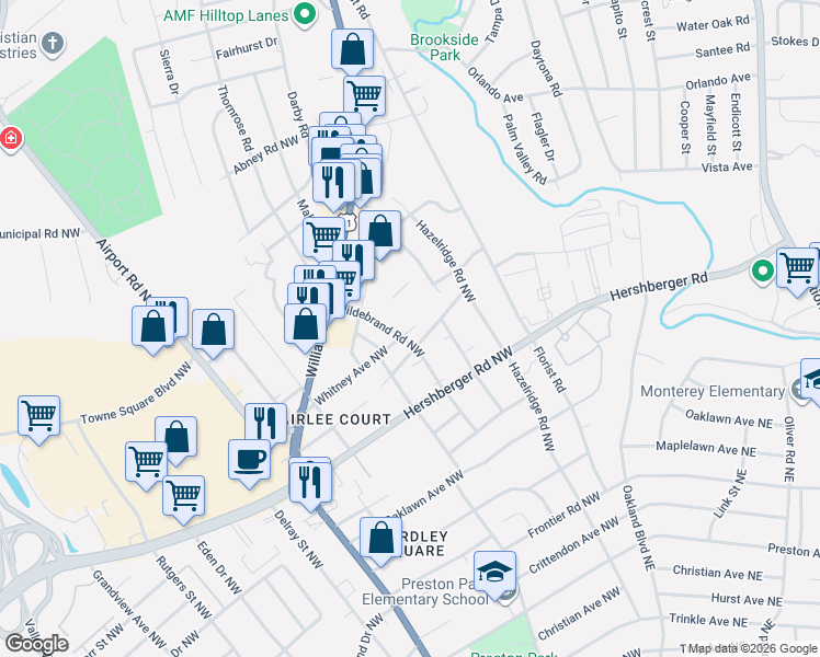 map of restaurants, bars, coffee shops, grocery stores, and more near 5105 Hildebrand Road Northwest in Roanoke