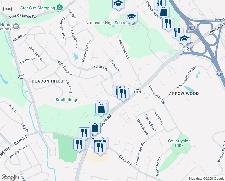 map of restaurants, bars, coffee shops, grocery stores, and more near 4947 North Lake Drive in Roanoke