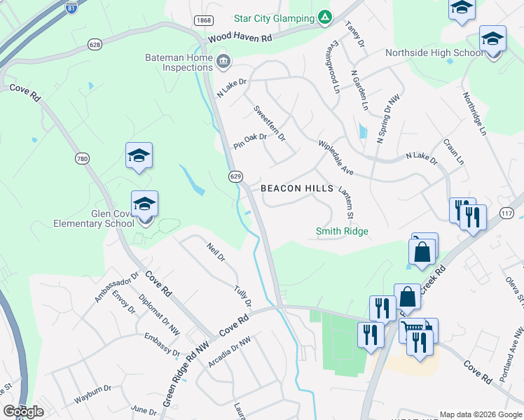 map of restaurants, bars, coffee shops, grocery stores, and more near 5552 Lamplighter Drive in Roanoke