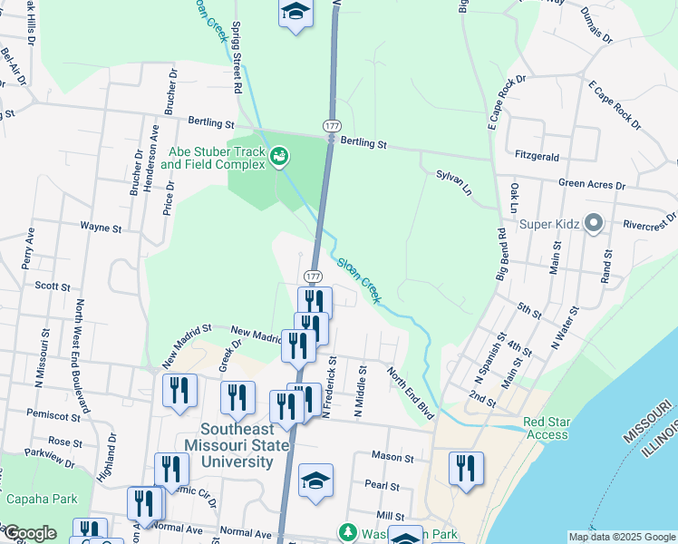 map of restaurants, bars, coffee shops, grocery stores, and more near 1 Village Drive in Cape Girardeau