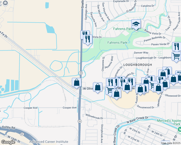 map of restaurants, bars, coffee shops, grocery stores, and more near 1985 West Olive Avenue in Merced
