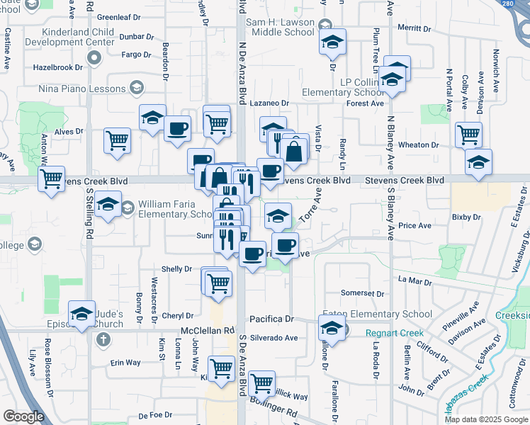 map of restaurants, bars, coffee shops, grocery stores, and more near 20450 Stevens Creek Boulevard in Cupertino