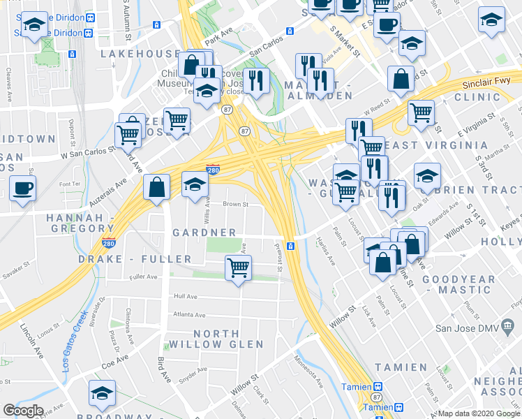 map of restaurants, bars, coffee shops, grocery stores, and more near 378 Brown Street in San Jose