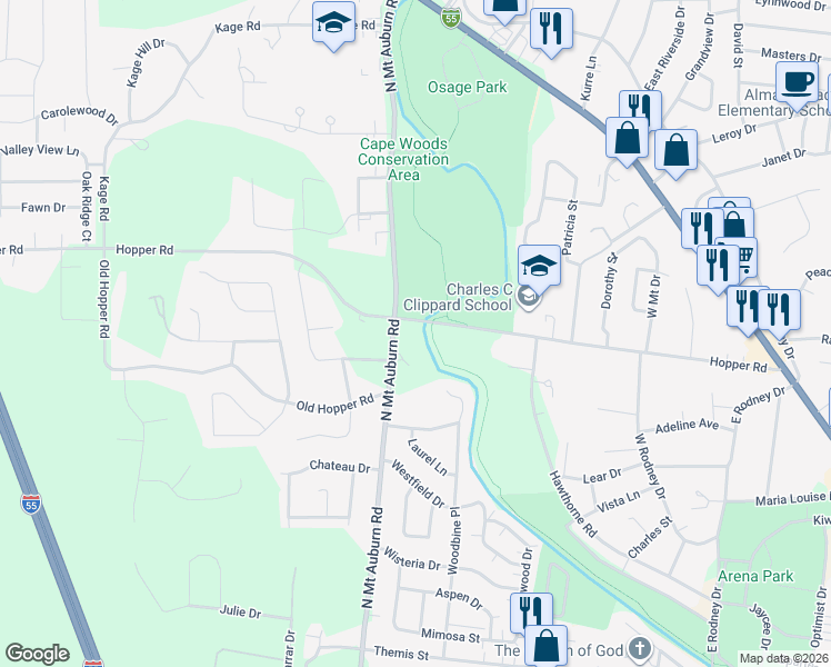 map of restaurants, bars, coffee shops, grocery stores, and more near 3269 Hopper Road in Cape Girardeau