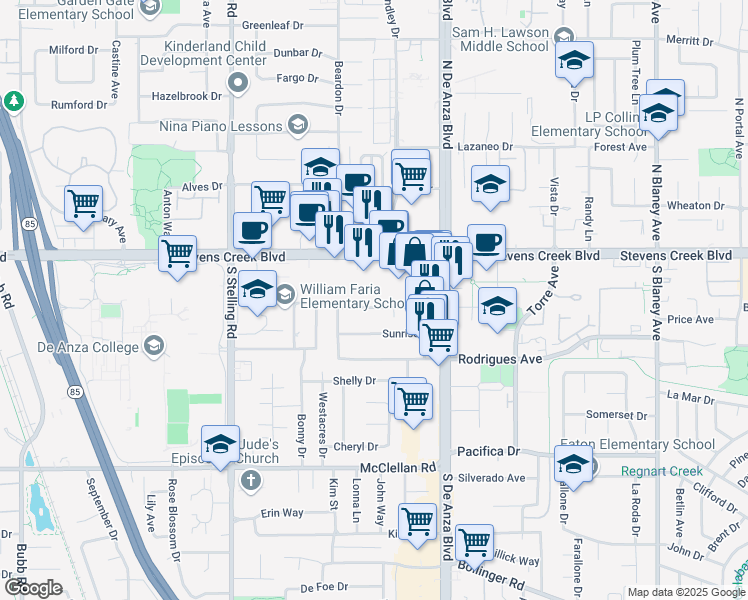 map of restaurants, bars, coffee shops, grocery stores, and more near 20669 Scofield Drive in Cupertino