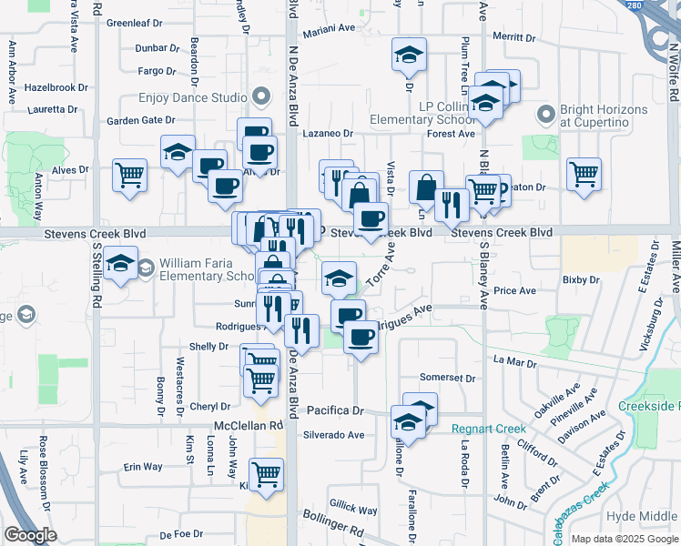 map of restaurants, bars, coffee shops, grocery stores, and more near 10189 Macadam Lane in Cupertino