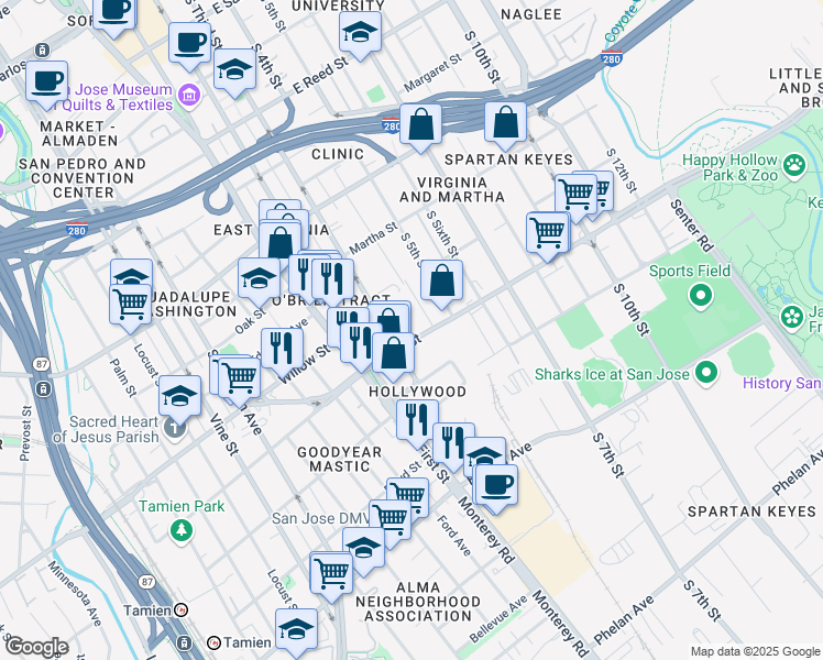 map of restaurants, bars, coffee shops, grocery stores, and more near 1098 South 3rd Street in San Jose