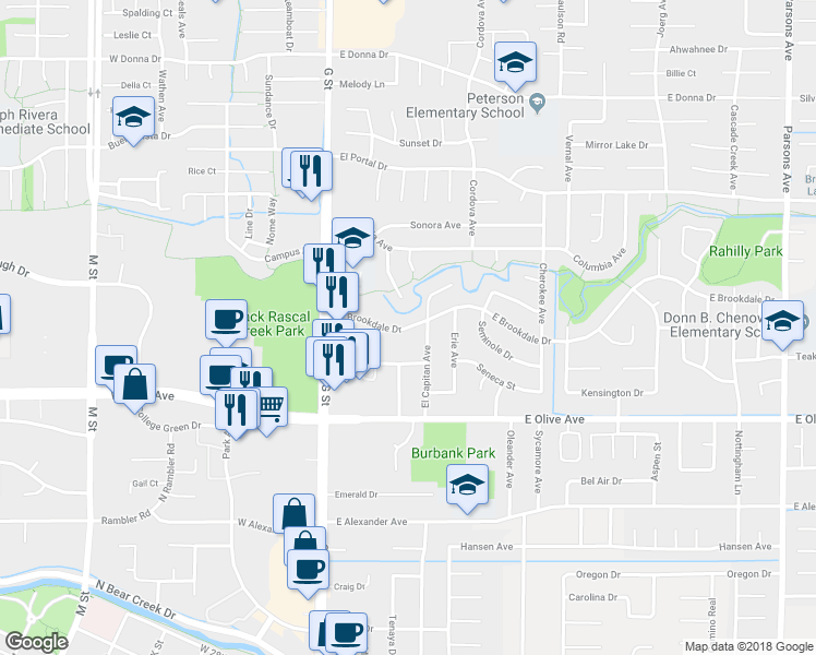 map of restaurants, bars, coffee shops, grocery stores, and more near 303 Brookdale Drive in Merced