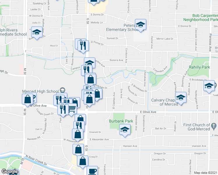 map of restaurants, bars, coffee shops, grocery stores, and more near 307 Brookdale Drive in Merced