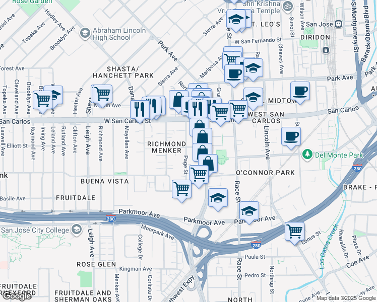 map of restaurants, bars, coffee shops, grocery stores, and more near 408 Page Street in San Jose