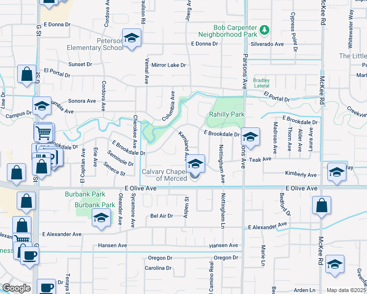 map of restaurants, bars, coffee shops, grocery stores, and more near 3209 Kernland Avenue in Merced