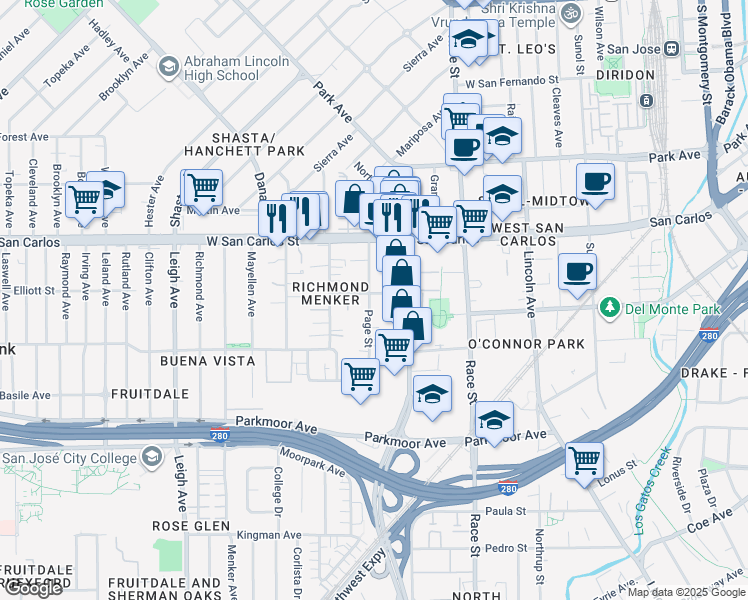map of restaurants, bars, coffee shops, grocery stores, and more near 408 Page Street in San Jose