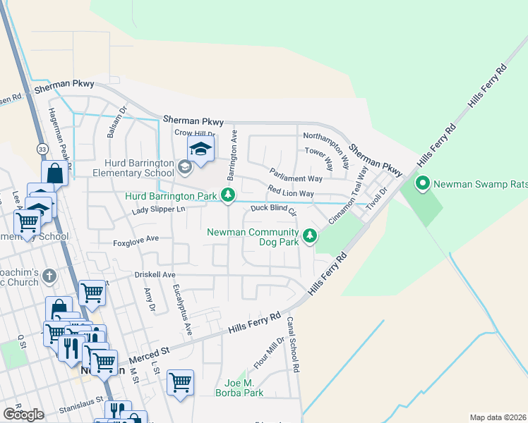 map of restaurants, bars, coffee shops, grocery stores, and more near 1130 Duck Blind Circle in Newman