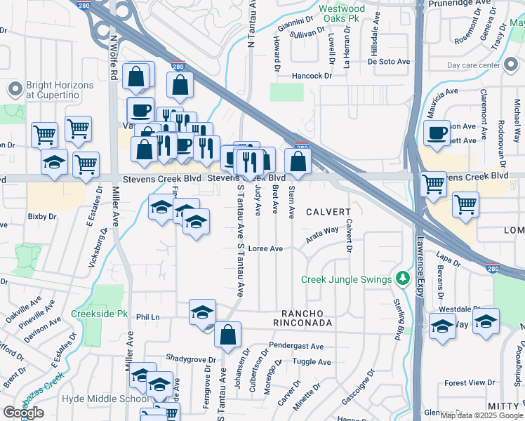 map of restaurants, bars, coffee shops, grocery stores, and more near 10106 Judy Avenue in Cupertino