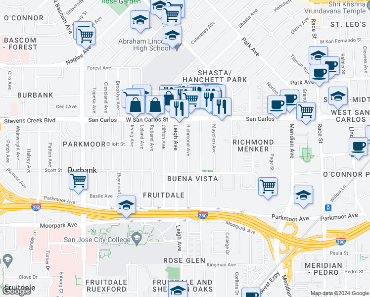 map of restaurants, bars, coffee shops, grocery stores, and more near 405 Richmond Avenue in San Jose