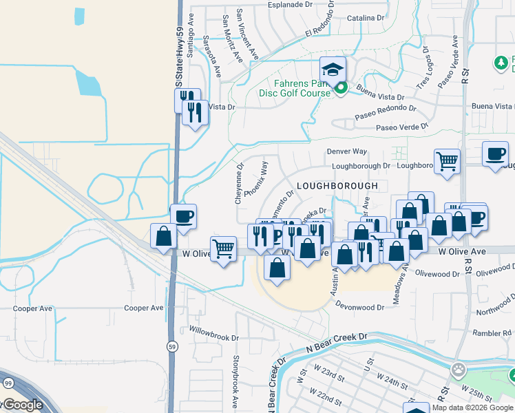 map of restaurants, bars, coffee shops, grocery stores, and more near 3231 Loughborough Drive in Merced