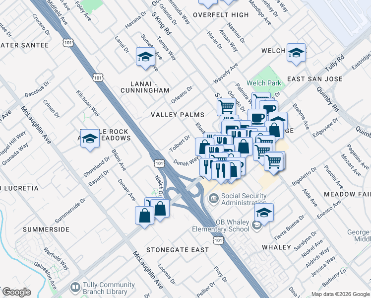 map of restaurants, bars, coffee shops, grocery stores, and more near 2347 Tolbert Court in San Jose