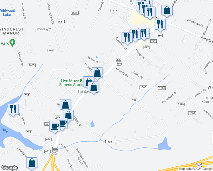 map of restaurants, bars, coffee shops, grocery stores, and more near 79 Lake Court Avenue in Lynchburg