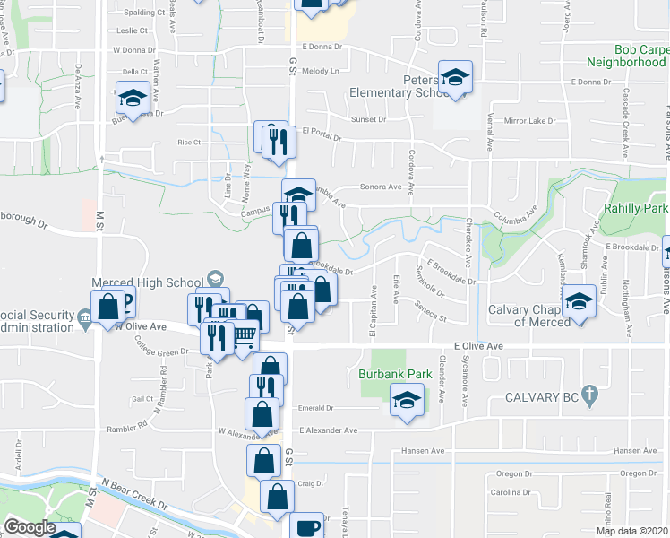 map of restaurants, bars, coffee shops, grocery stores, and more near 204 Brookdale Drive in Merced