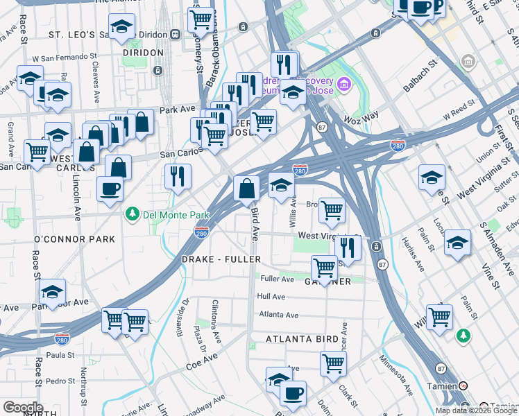 map of restaurants, bars, coffee shops, grocery stores, and more near 516 Bird Avenue in San Jose
