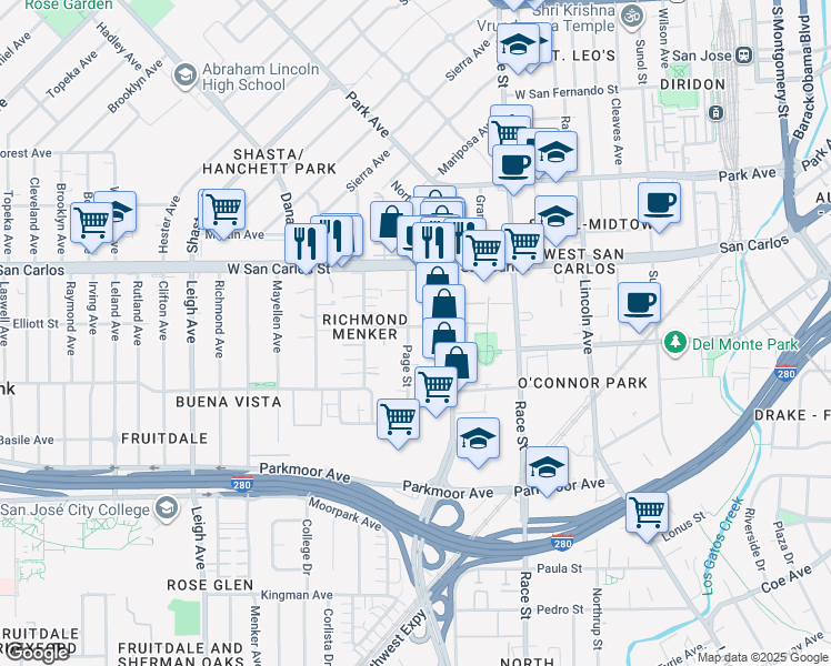 map of restaurants, bars, coffee shops, grocery stores, and more near 1452 Douglas Street in San Jose