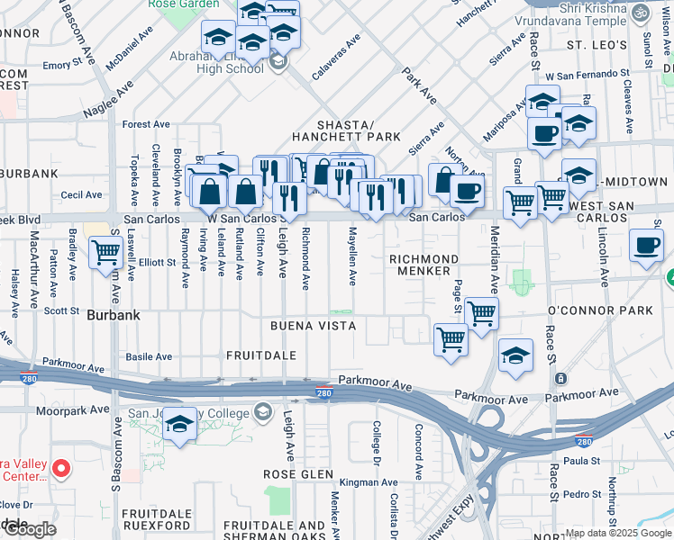 map of restaurants, bars, coffee shops, grocery stores, and more near 406 Menker Avenue in San Jose