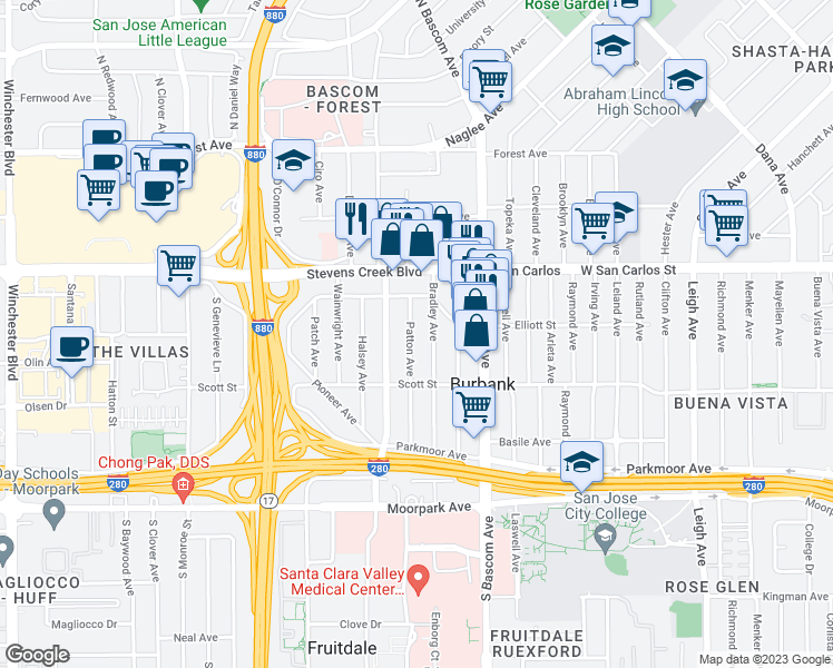 map of restaurants, bars, coffee shops, grocery stores, and more near 415 Patton Avenue in San Jose
