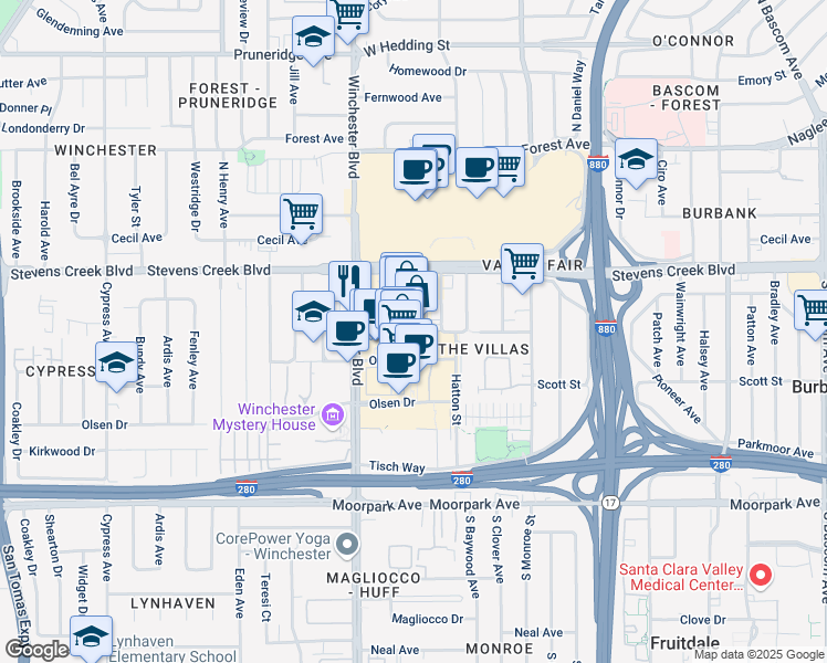 map of restaurants, bars, coffee shops, grocery stores, and more near Santana Row in San Jose