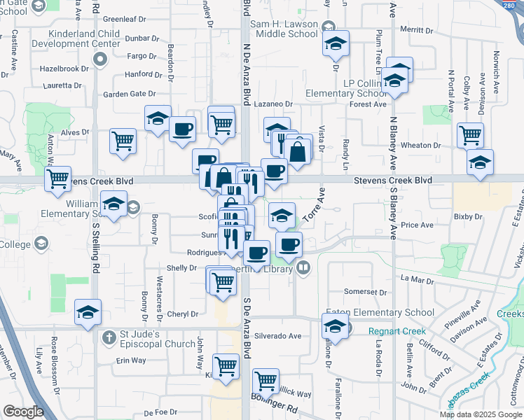 map of restaurants, bars, coffee shops, grocery stores, and more near 20450 Stevens Creek Boulevard in Cupertino