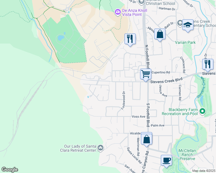 map of restaurants, bars, coffee shops, grocery stores, and more near 22802 Longdown Road in Cupertino
