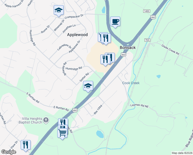 map of restaurants, bars, coffee shops, grocery stores, and more near 4610 Huntridge Road in Roanoke
