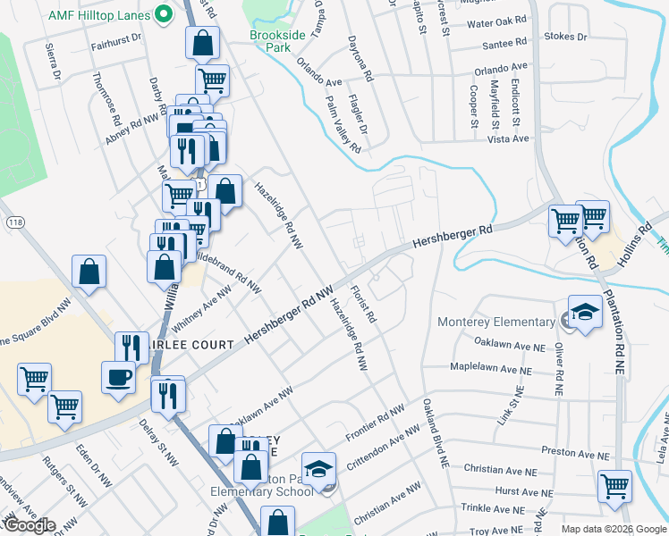 map of restaurants, bars, coffee shops, grocery stores, and more near 4920 Florist Road in Roanoke