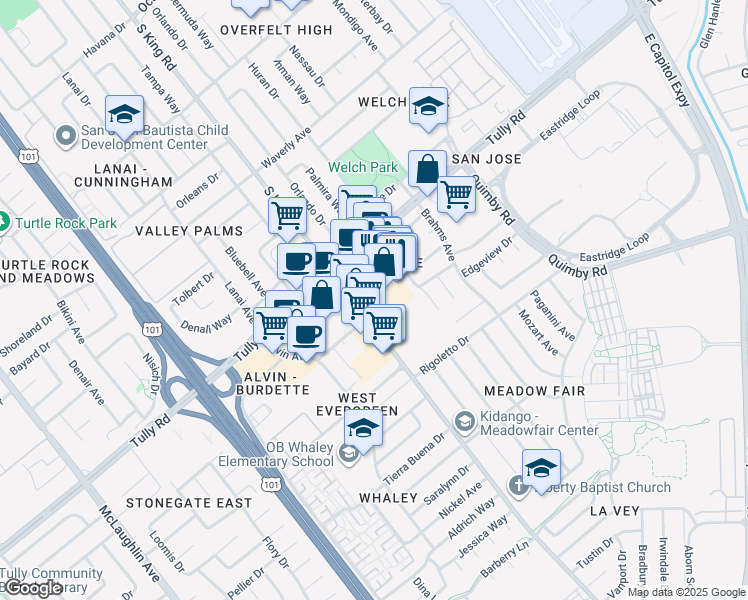 map of restaurants, bars, coffee shops, grocery stores, and more near 1714 Tully Road in San Jose