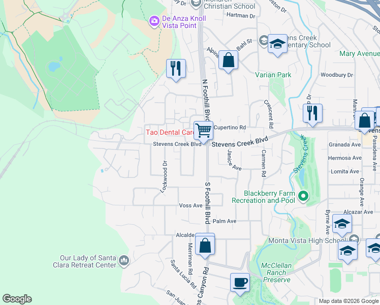 map of restaurants, bars, coffee shops, grocery stores, and more near 10121 Camino Vista Drive in Cupertino