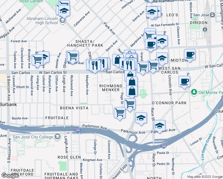 map of restaurants, bars, coffee shops, grocery stores, and more near 1498 Douglas Street in San Jose