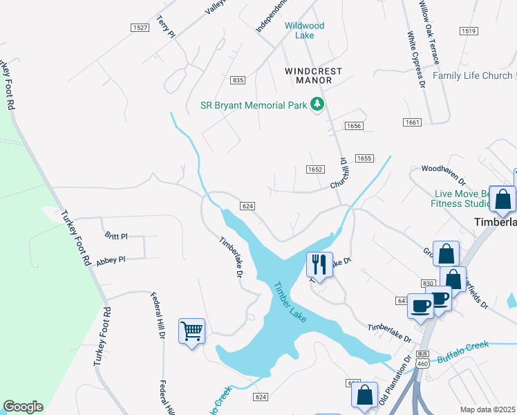map of restaurants, bars, coffee shops, grocery stores, and more near 1245 Timberlake Drive in Lynchburg