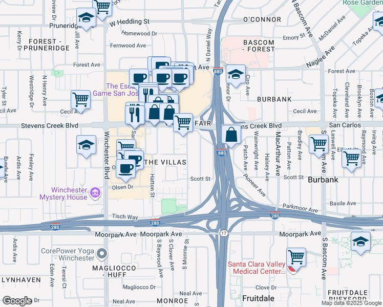 map of restaurants, bars, coffee shops, grocery stores, and more near 395 South Genevieve Lane in San Jose