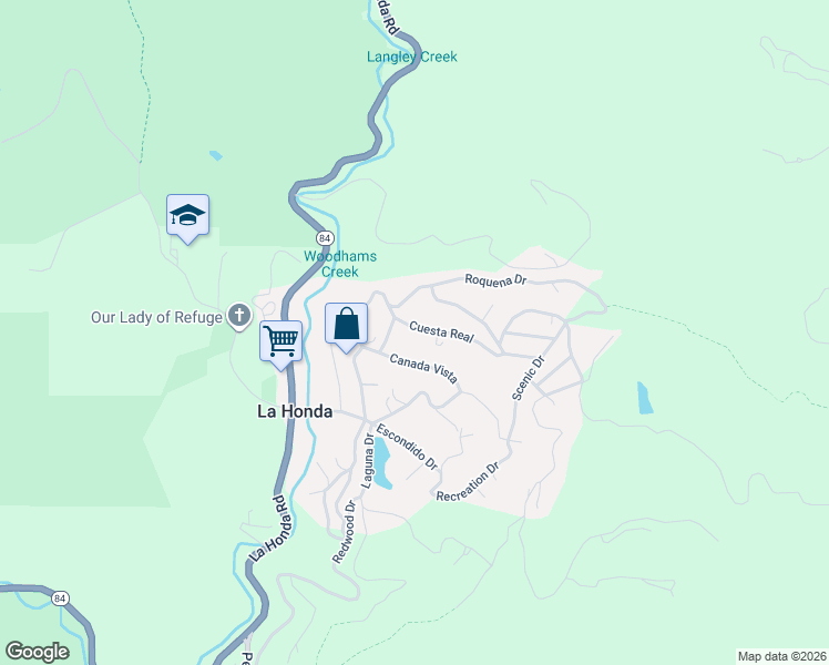 map of restaurants, bars, coffee shops, grocery stores, and more near 210 Cuesta Real in La Honda