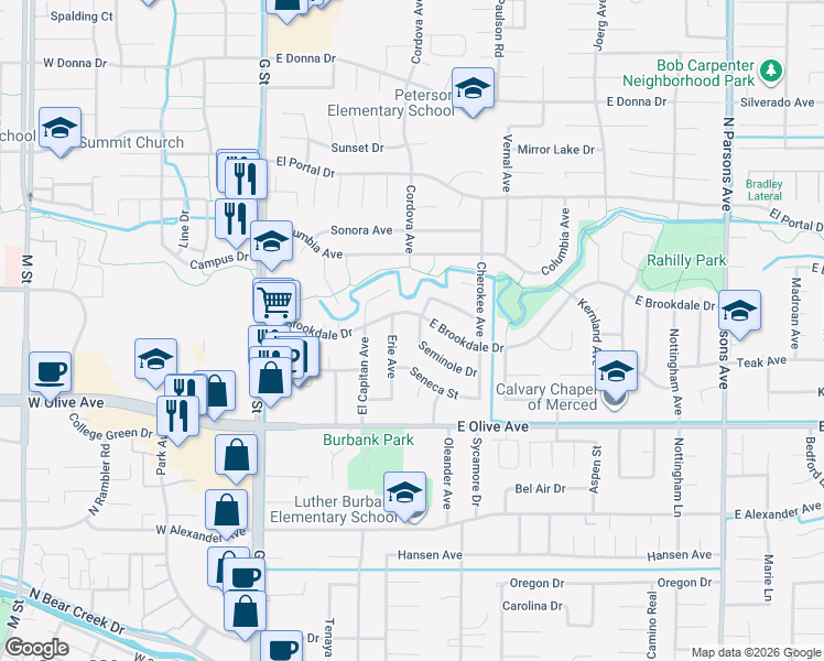 map of restaurants, bars, coffee shops, grocery stores, and more near 544 Seminole Drive in Merced