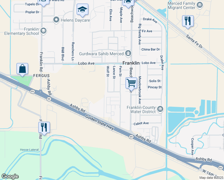 map of restaurants, bars, coffee shops, grocery stores, and more near 2442 Apache Street in Merced
