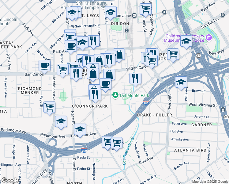 map of restaurants, bars, coffee shops, grocery stores, and more near 809 Auzerais Avenue in San Jose