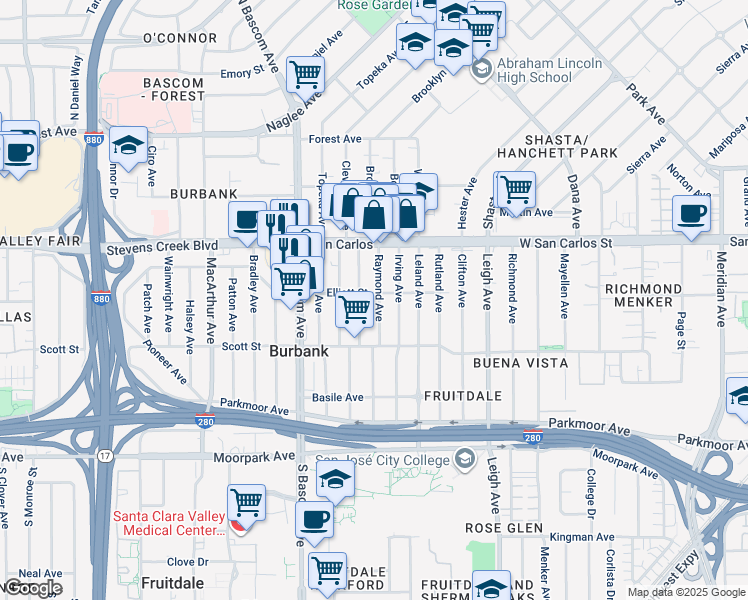 map of restaurants, bars, coffee shops, grocery stores, and more near 407 Raymond Avenue in San Jose