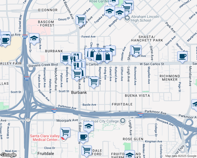 map of restaurants, bars, coffee shops, grocery stores, and more near in Santa Clara County