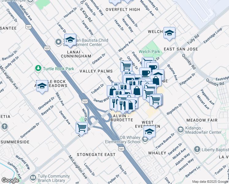 map of restaurants, bars, coffee shops, grocery stores, and more near 2342 Lanai Avenue in San Jose