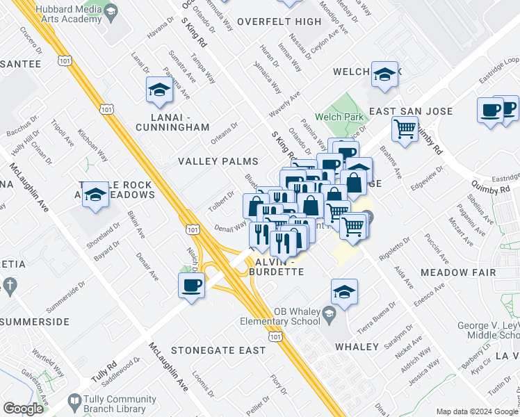 map of restaurants, bars, coffee shops, grocery stores, and more near 2342 Lanai Avenue in San Jose